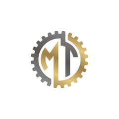 Initial letter M and T, MT, interlock cogwheel gear logo, black gold on white background