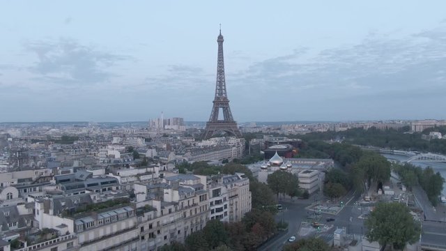Aerial footage of the famous Eiffel Tower in Paris, France in the morning