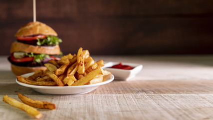 Front view french fries with hamburger