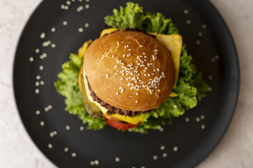 Top view hamburger on a plate