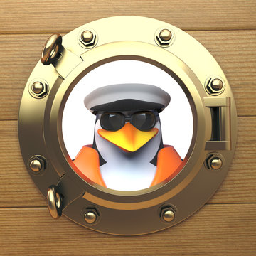 3d penguin sailor captain in sailors hat looking out of a brass porthole, port hole, 3d illustration