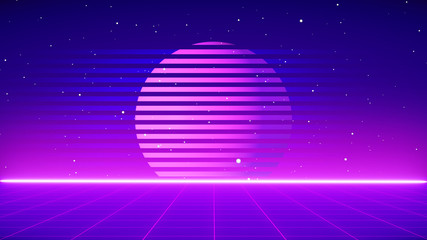 Retro Sci-Fi Background Futuristic landscape of the 80`s. Digital Cyber Surface. Suitable for design in the style of the 1980`s. 3D illustration