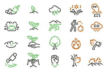 The grow seed of plant after wildfire (line icon style). A causes and Controlling the fire to not burn the forest.