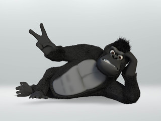 gorilla, wild animal lying down making victory sign with hand. 3D Illustration