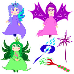 Obraz na płótnie Canvas Set of funny cartoon fantasy fairies with magic wands.