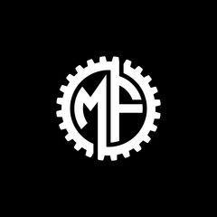 Initial letter M and F, MF, interlock cogwheel gear monogram logo, white color on black background
