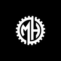 Initial letter M and H, MH, interlock cogwheel gear monogram logo, white color on black background