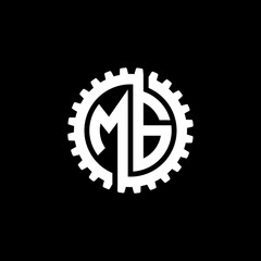 Initial letter M and G, MG, interlock cogwheel gear monogram logo, white color on black background