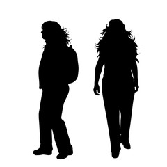 Vector silhouette of woman who walk with backpack on white background. Symbol of girl, sport, hike, fat, obese.