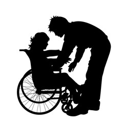 Vector silhouette of father with his daughter who is on wheelchair on white background. Symbol of family, father, daughter, care, healthy,disabled, handicap.