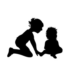 Vector silhouette of siblings on white background. Symbol of child, girl,toddler,sister,brother,family.