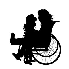 Vector silhouette of child with her friend on wheelchair on white background. Symbol of disabled, handicap,accident, injured,girl,friendship.