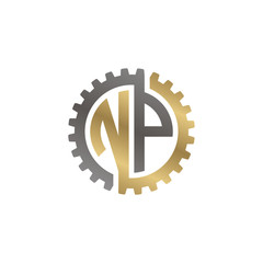 Initial letter N and P, NP, interlock cogwheel gear logo, black gold on white background