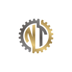 Initial letter N and T, NT, interlock cogwheel gear logo, black gold on white background