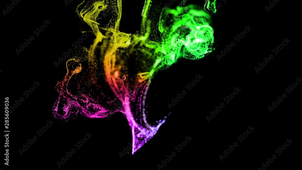 Poster 3d ink effect of advection, luminous multicolor particles float in liquid. glow particles move in a 