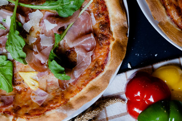 top view parma ham pizza with sweet pepper