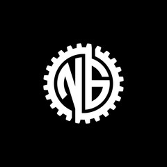 Initial letter N and G, NG, interlock cogwheel gear monogram logo, white color on black background