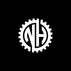 Initial letter N and H, NH, interlock cogwheel gear monogram logo, white color on black background