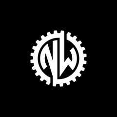 Initial letter N and W, NW, interlock cogwheel gear monogram logo, white color on black background