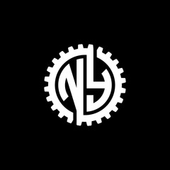 Fototapeta premium Initial letter N and Y, NY, interlock cogwheel gear monogram logo, white color on black background