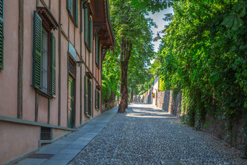 View along street Via San Vigilio, Citta Alta,  Bergamo, Italy