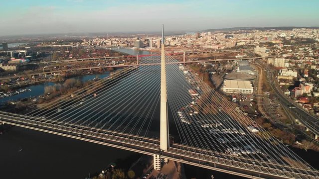 An aerial view of the famous Ada bridge in Belgrade, Serbia at winter