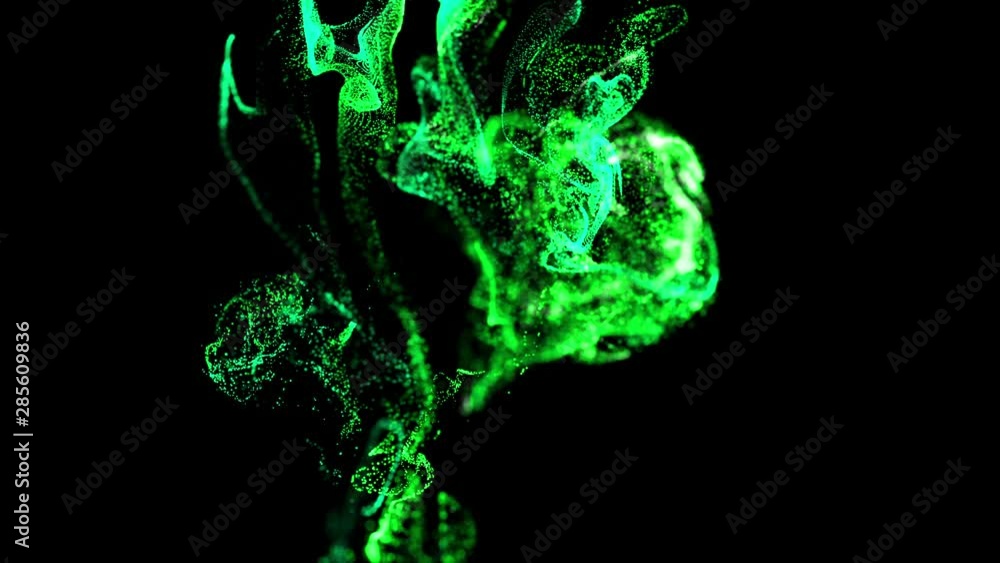 Aufkleber 3d ink effect of advection, luminous green particles float in liquid. glow particles move in a strea