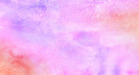 Smeared smooth bright purple and soft pink watercolor brush drawn background. Grunge light pastel colors ink glow aquarelle smudge illustration. Paper textured pattern for vintage design, retro card