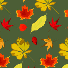 Autumn yellow and red leaves set on green background. Seamless pattern for textile, wallpapers, gift wrap and scrapbook. Flat vector illustration, eps 10