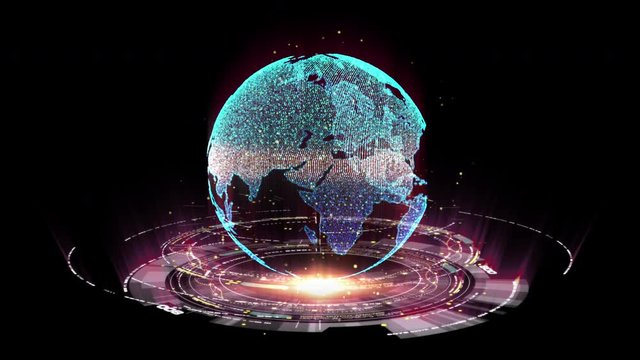 Futuristic motion graphic user interface head up display screen with Holographic Earth and digital data telemetry information display for digital background computer desktop display screen