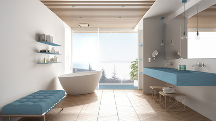 Luxury modern white and blue bathroom with parquet floor and wooden celiling, big panoramic window on sea panorama, bathtub, shower and double sink, interior design, minimal architecture