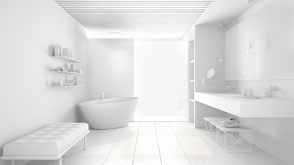 Fototapeta na wymiar luxury modern white bathroom with parquet floor and wooden celiling, big window, bathtub, shower and double sink, interior design concept idea