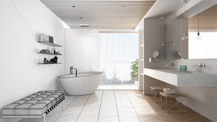 Architect interior designer concept: unfinished project that becomes real, luxury modern bathroom with parquet and wooden celiling, bathtub, shower and sink, architecture concept idea