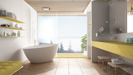 Luxury modern white and yellow bathroom with parquet floor and wooden celiling, big panoramic window on sea panorama, bathtub, shower and double sink, interior design, minimal architecture