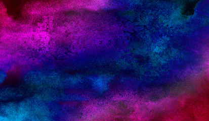 Neon watercolor on black paper background. Vivid ink textured blue, pink and purple color canvas for modern design. Aquarelle smeared abstract cosmic bright vintage dark watercolour illustration.