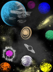 Planets and constellations of different colors and sizes on the background of space