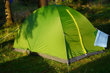 green tent in the bright sun on a summer day stands by a tree. Tourism and traveling concept. Bright Sunny day in the mountains.