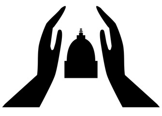 Abstract image of human hands with votive stupa on a white background