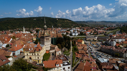 Aerial footage of an old eastern Europe   town on a sunny day