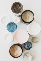 Healthcare, spa collage with cream assortment isolated on white background. Flat lay, top view skin care, beauty blog concept.