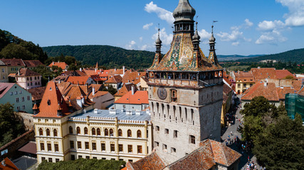 Fototapeta premium Aerial footage of an old eastern Europe town on a sunny day