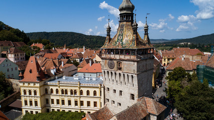 Fototapeta premium Aerial footage of an old eastern Europe town on a sunny day