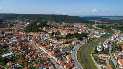 Aerial footage of an old eastern Europe   town on a sunny day
