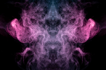 Smoke of different blue, red and pink colors in form of horror in the shape of the head, face and eye with wings on a black isolated background. Soul and ghost in mystical symbol. Print for clothes.