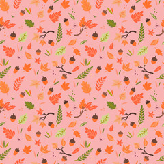Autumn leaves and acorns seamless pattern