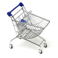 Blue shopping cart model on white background 