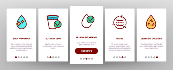 Water Treatment Onboarding Mobile App Page Screen Vector Thin Line. Water Healthy Drop With Mark Of Purity And Recycle, World And Plant Linear Pictograms. Illustrations