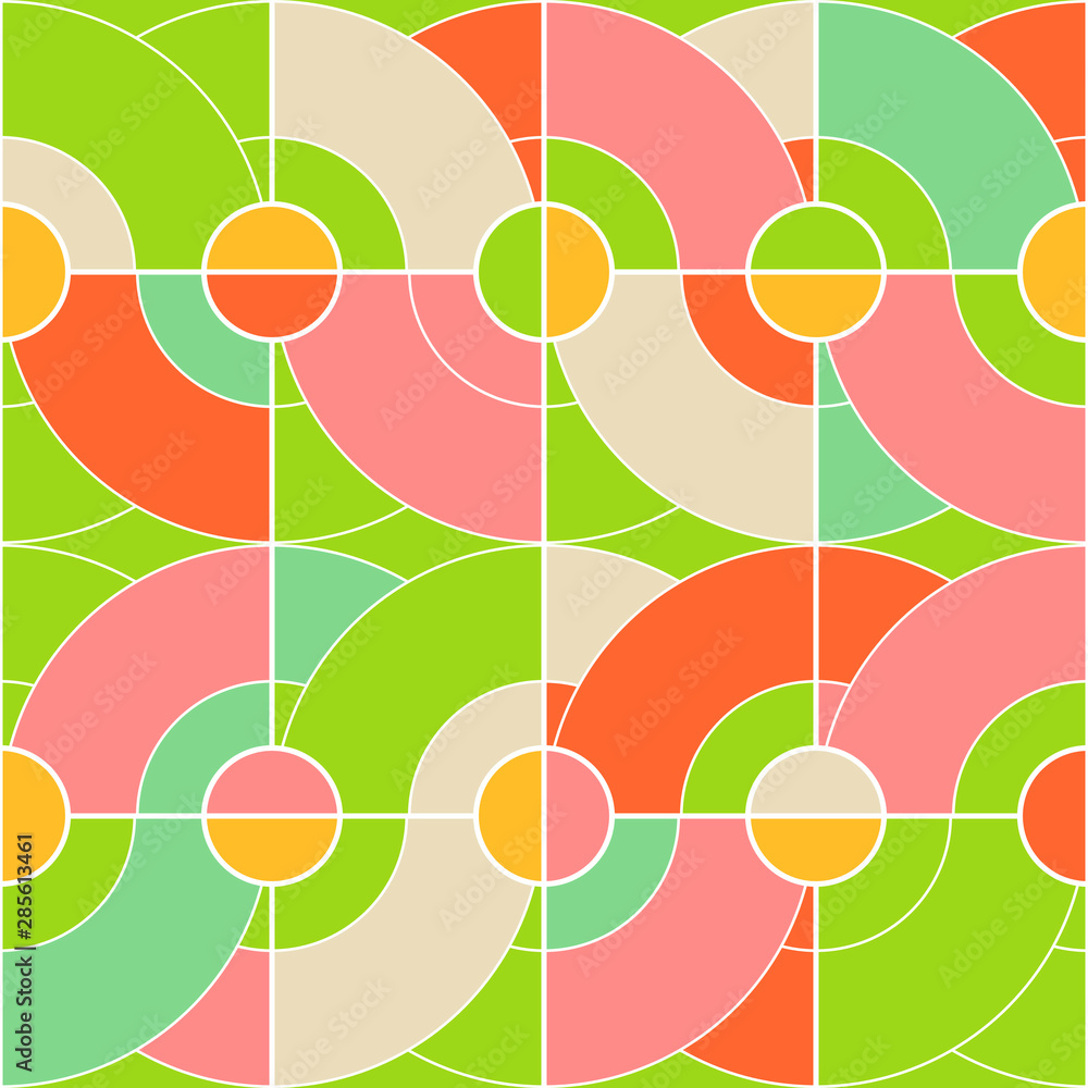 Poster Geometric vector seamless pattern in retro style . Modern background with circles and semicircles inspired by midcentury design.