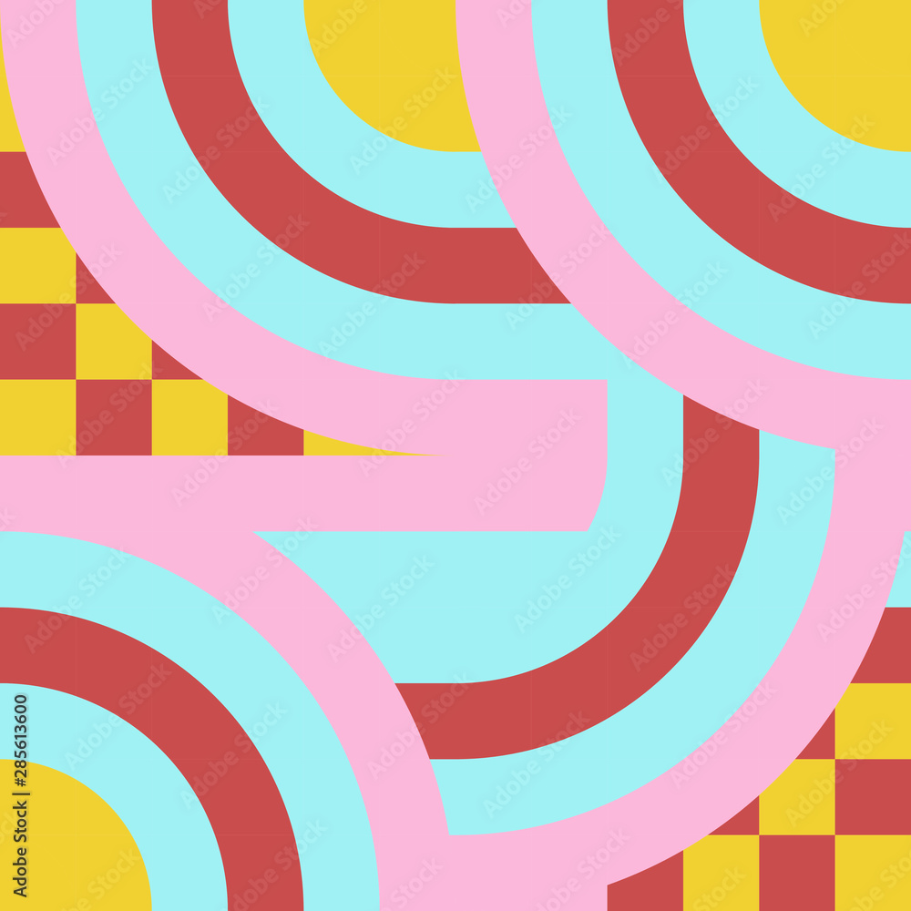 Poster Geometric vector seamless pattern with circle and square shapes in pastel colors. Modern mosaic background in retro style.