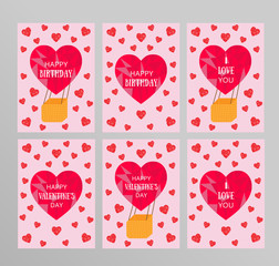 Set of cute pink postcards and posters. Valentine's day, Happy Birthday and I love you banners. Air balloon with polygonal hearts pattern. Vector illustration. Standard A4 scaled size